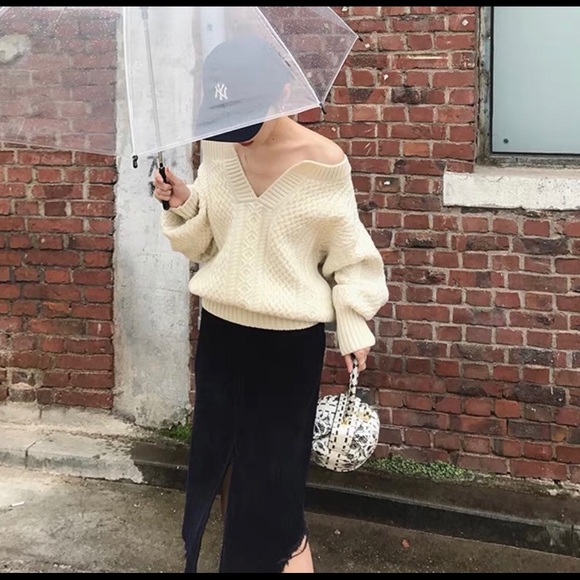 Sweater cable knit twist chunky khaki cream thick long sleeve winter v-neck - Picture 5 of 9